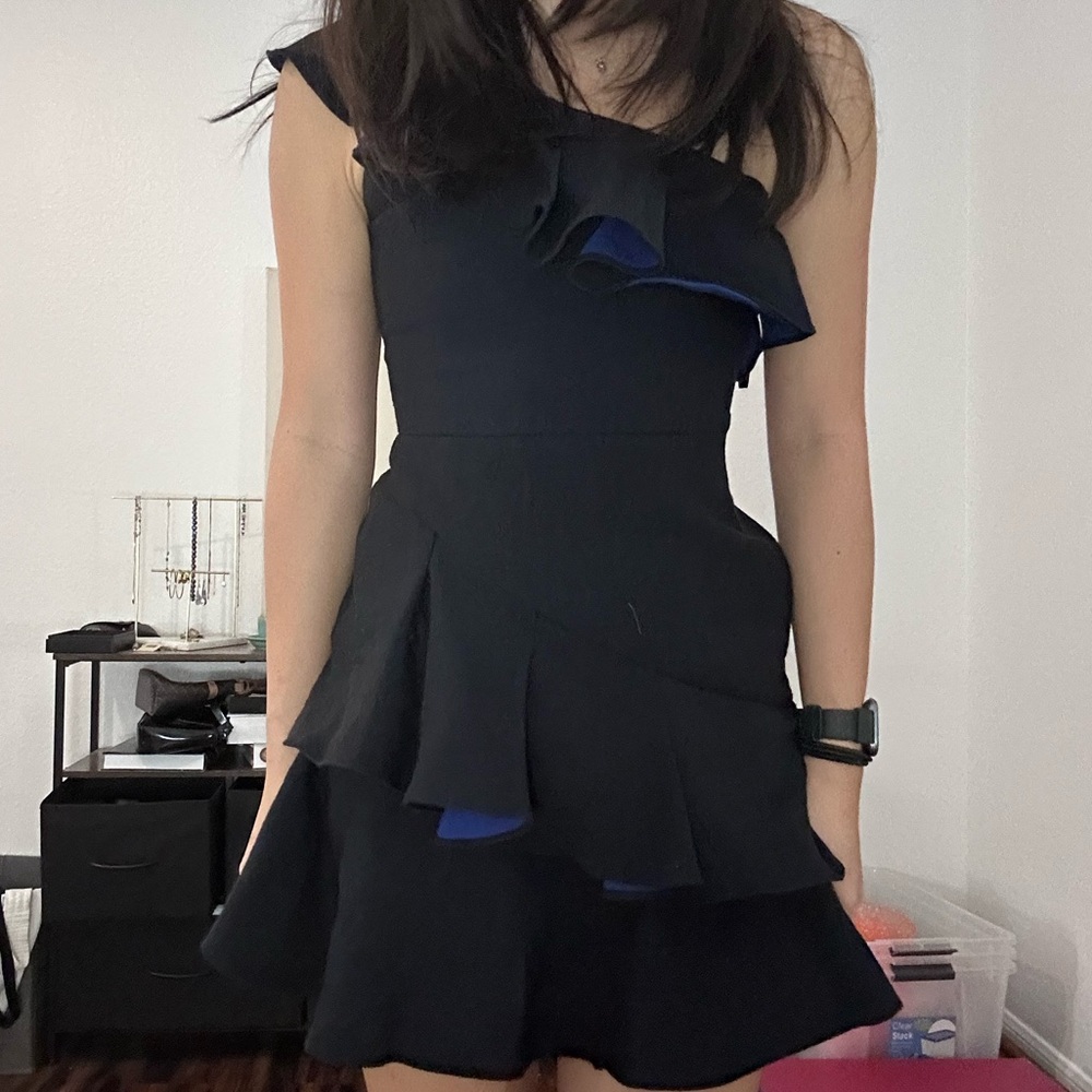 Bcbg black one shoulder ruffle dress